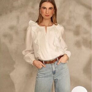 1. State White Ivory Button Front‎ Ruffle Long Sleeve Blouse Top Women's Medium